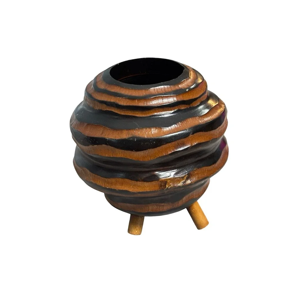 Hand Carved Wood Beehive Tripod Vase Brown Black Sculptural Boho Decor 6.5in